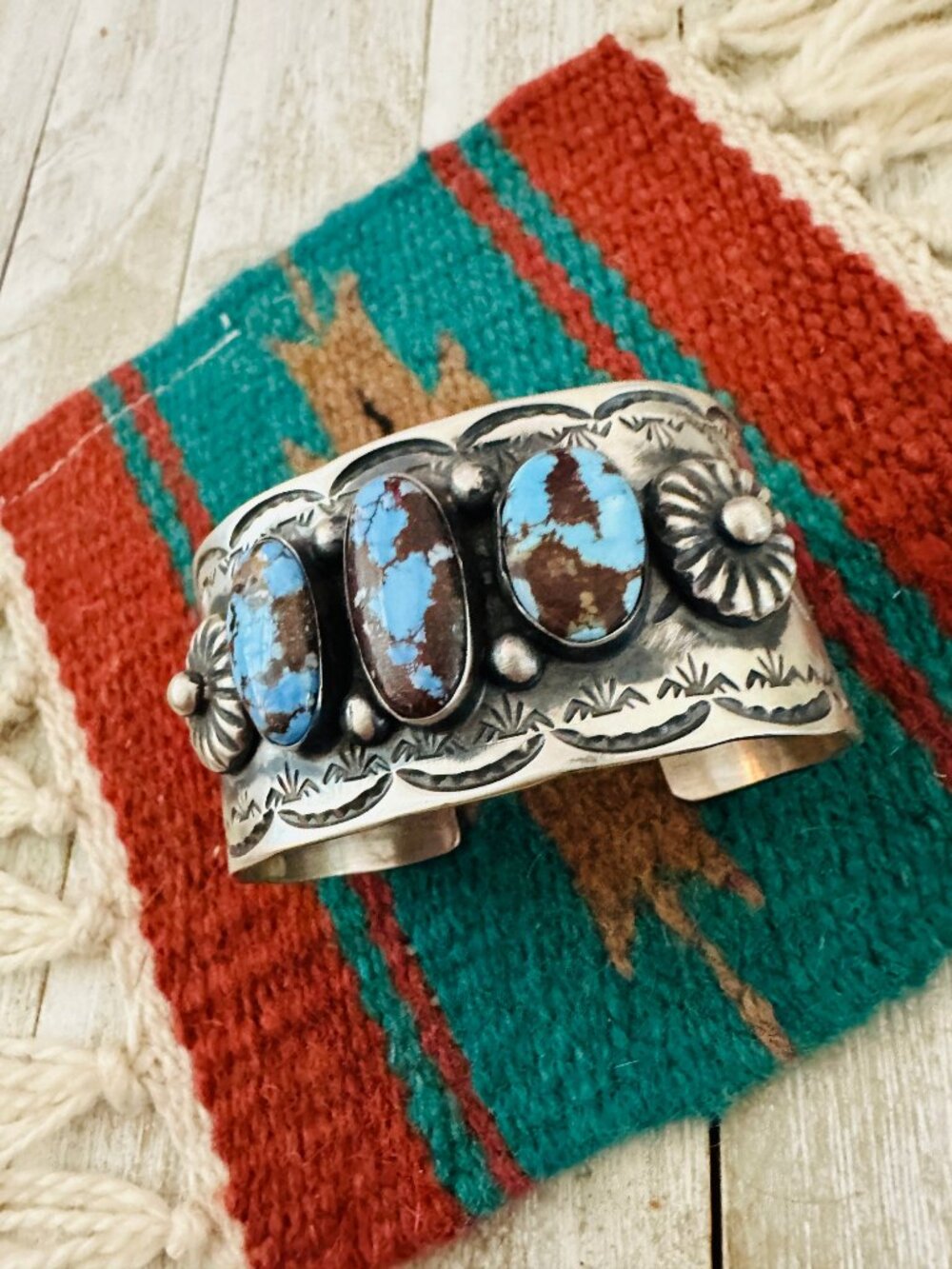 Handcrafted Sterling Silver & Golden Hills Turquoise Cuff Bracelet by Chimney Bu - Picture 4 of 7